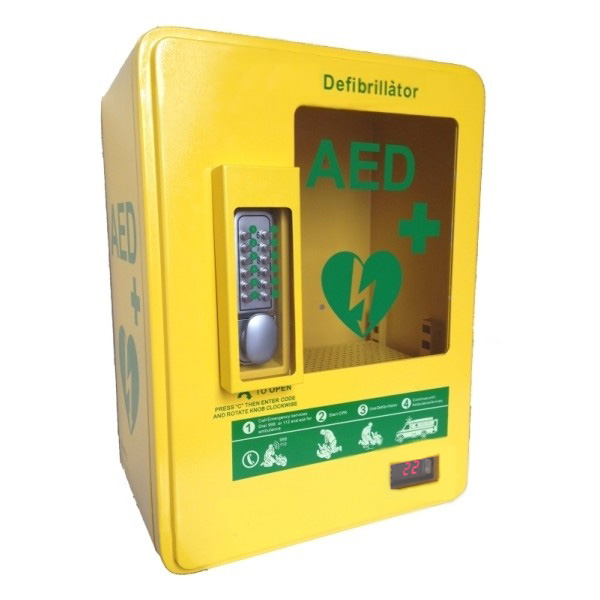 AED tároló: Kültéri, fűtött, PIN kóddal nyitható, riasztóval és világítással